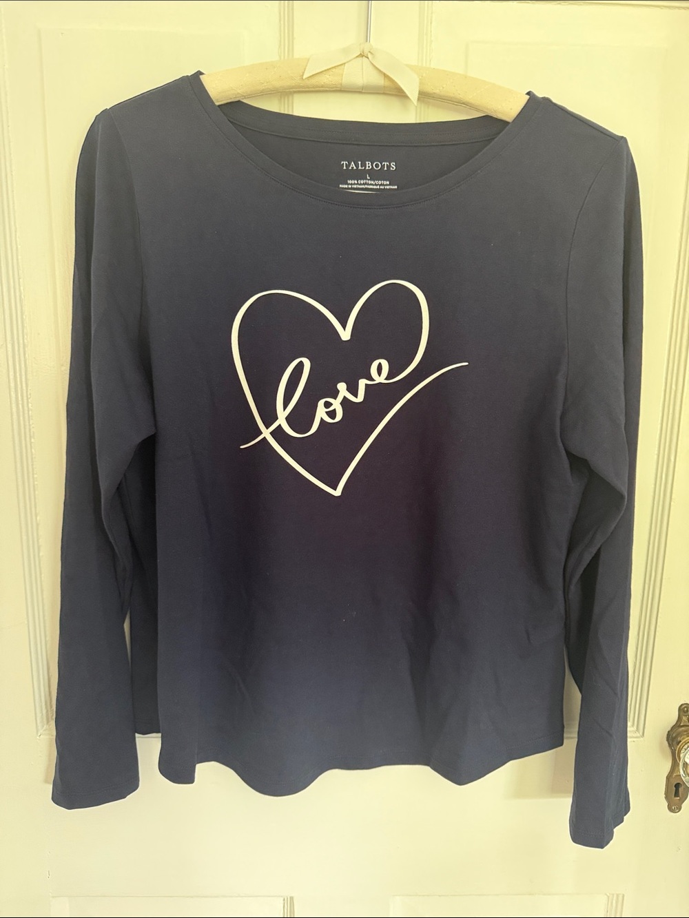 Talbots Navy Long Sleeve Tee with White Heart "Love" Graphic